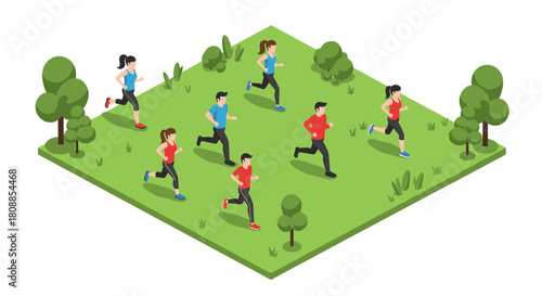 Isometric outdoor jogging scene with people running in park with trees