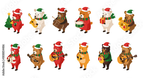 Festive bears playing instruments in isometric christmas design