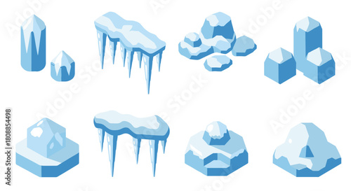 Flat style blue icebergs and icicles set for winter design projects