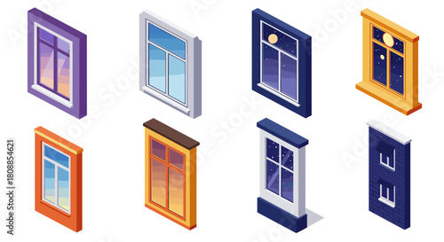 Isometric window designs with colorful frames and night sky views