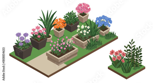 Isometric garden with colorful potted flowers and plants on grass patches
