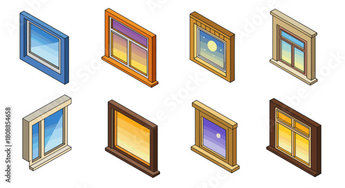 Isometric set of decorative window designs with colorful frames and glass reflections