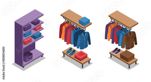 Isometric wardrobe and clothing display with shelves and racks