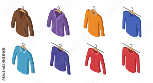 Isometric clothing collection: colorful shirts and hoodies on hangers