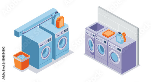 Isometric laundry room with appliances and detergent in modern style