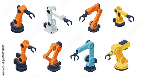 Isometric robotic arms in various colors: industrial technology and automation design