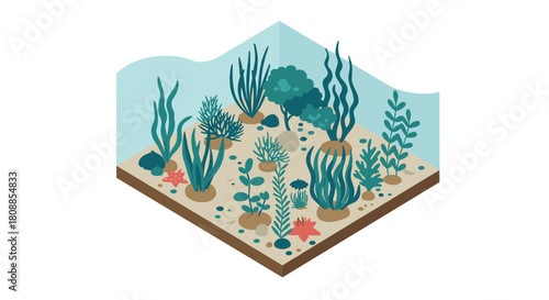 Isometric underwater garden with diverse seaweed and coral elements