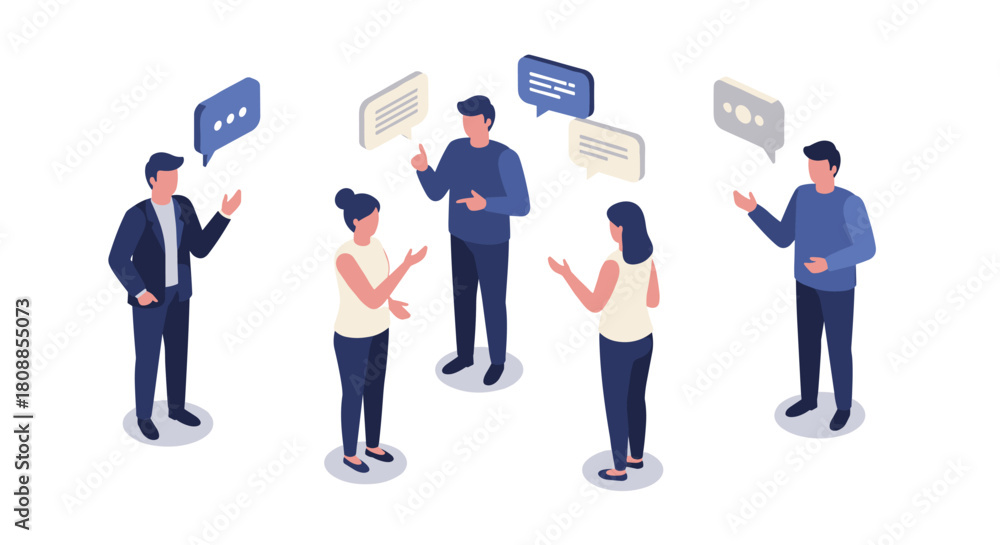 Obraz premium Team discussion in isometric style with speech bubbles on white background