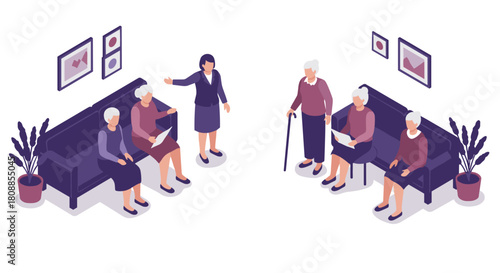 Seniors engaging in technology and socializing in an isometric living room scene