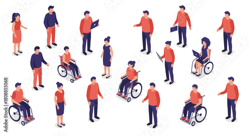 Diverse disabled and able-bodied people isometric design