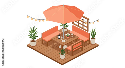 Cozy outdoor patio with umbrella and warm lighting for relaxation and dining