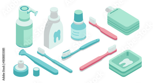 Isometric bathroom essentials: toothbrushes and toiletries in refreshing pastels