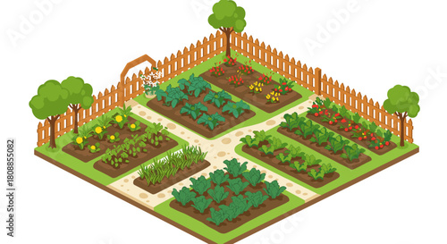 Vibrant isometric community garden with vegetables and pathways
