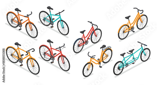 Isometric bicycles collection: variety of colorful styles and designs