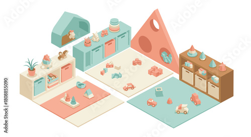 Isometric playroom with geometric shelves and toys in pastel tones