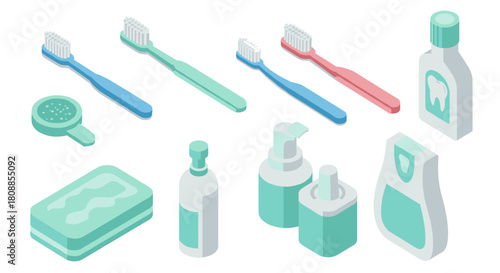 Isometric dental care set: toothbrushes, toothpaste, mouthwash, and gum care essentials