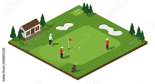 Isometric golf course with players and equipment on a sunny day