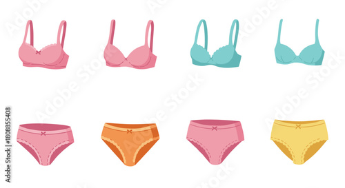 Colorful flat style lingerie set with matching bras and panties on white background