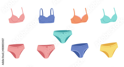 Colorful women's underwear collection on white background