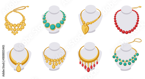 Elegant necklace collection featuring gold and gemstone designs on display busts