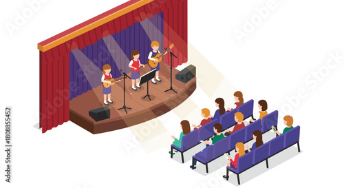 Isometric school concert with students playing guitars on stage in auditorium