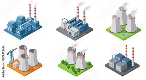 Isometric industrial power plants and cooling towers in six varied designs