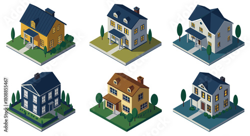 Charming isometric houses set with trees and paths