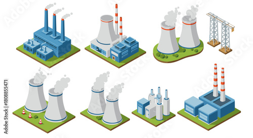 Industrial energy facilities in isometric view with cooling towers and smokestacks