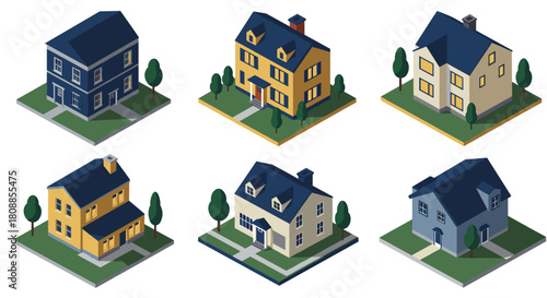 Isometric modern houses collection with blue roofs and trees