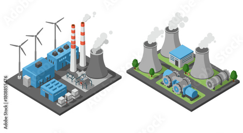 Isometric industrial factory and power plant with wind turbines and cooling towers