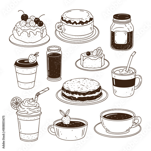 set of hand drawn break fast food doodle, coffee cup, jam, cake, ice cream, pie, cherry cake, strawberry, crayon drawing style for invitations, menus, parties. Minimalist line art 
