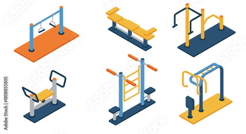 Outdoor fitness equipment in isometric style for modern gym parks
