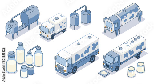 Isometric dairy industry icons featuring trucks and milk tanks in pastel blue