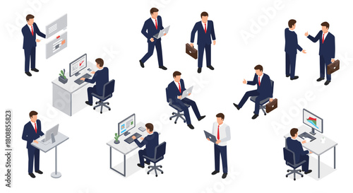 Isometric businessman in office scenarios with technology and communication