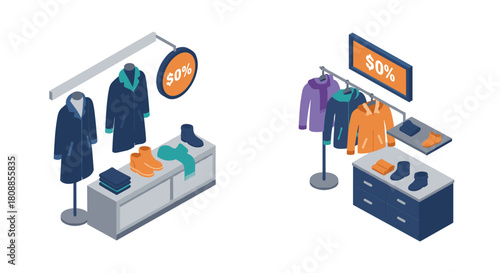 Isometric clothing sale display with discounts and trendy apparel on racks