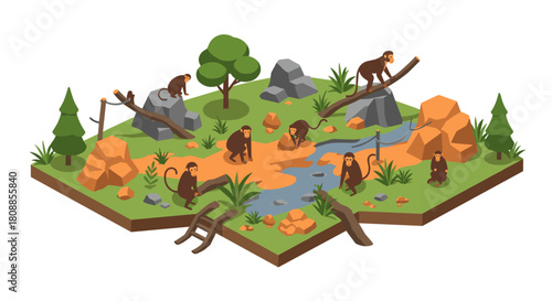 Isometric monkey jungle with stream and rocks on hexagonal terrain