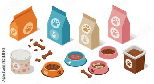 Colorful isometric pet food packaging and bowls with bones and kibble