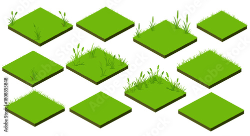 Set of isometric grass block designs with various plants and terrain elements