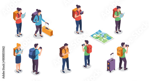 Isometric travelers exploring with backpacks and maps