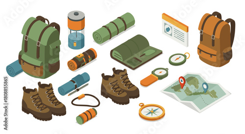 Essential camping gear and hiking tools in isometric style for outdoor adventures