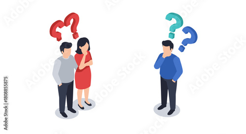Isometric people with question marks: problem solving and decision-making concept