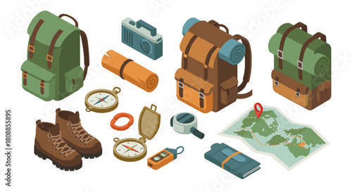Isometric camping gear: backpacks, maps, and outdoor essentials for adventurers
