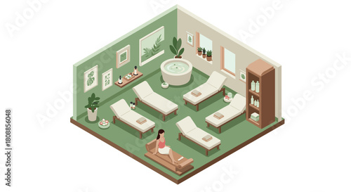 Relaxing spa retreat isometric room with loungers and greenery decor