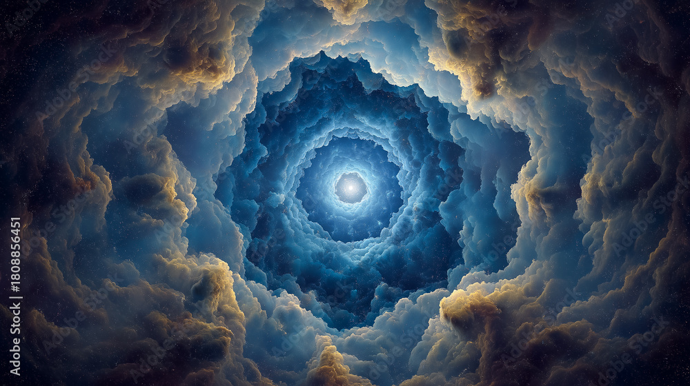 Fototapeta premium Celestial Cloudscape, Dreamlike Portal View through Ethereal Heavenly Sky Abstract