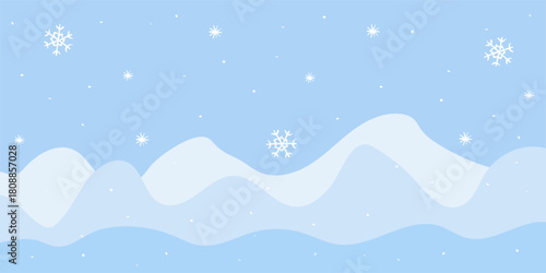 Snowy landscape with soft hills, falling snowflakes, and a serene blue sky during winter season
