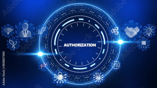 Digital concept of authorization with glowing icons and central text technology security
