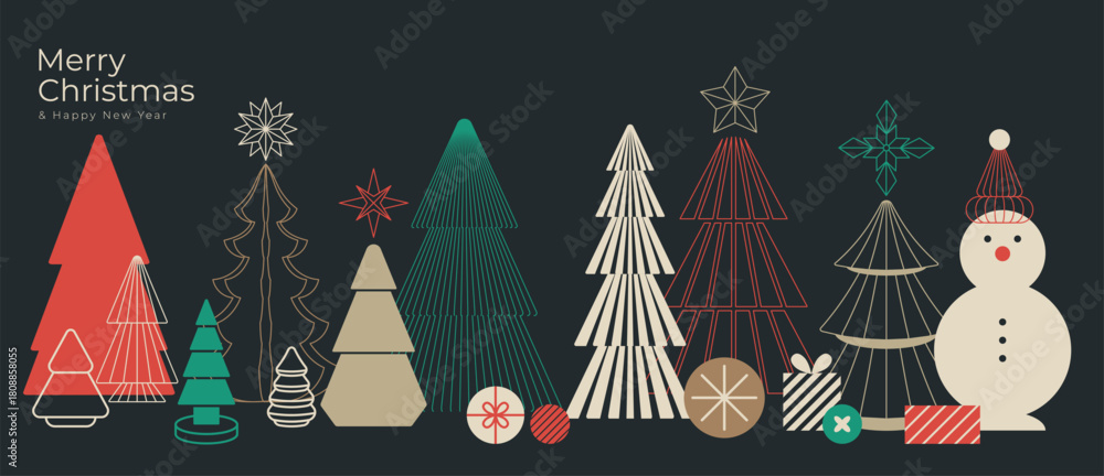 Obraz premium Christmas and Happy New Year vector mid century line art illustration set with festive elements in charcoal grey with red and mint tones — elegant design for greeting cards