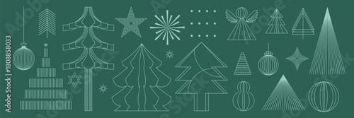 Christmas and Happy New Year vector mid century line art illustration set with festive elements in teal green and gold tones — elegant design for greeting cards
