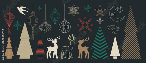 Christmas and Happy New Year vector mid century line art illustration set with festive elements in black with gold and red tones — elegant design for greeting cards