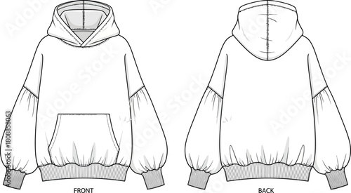 Technical sketch of a fashionable hoodie with balloon sleeves front and back